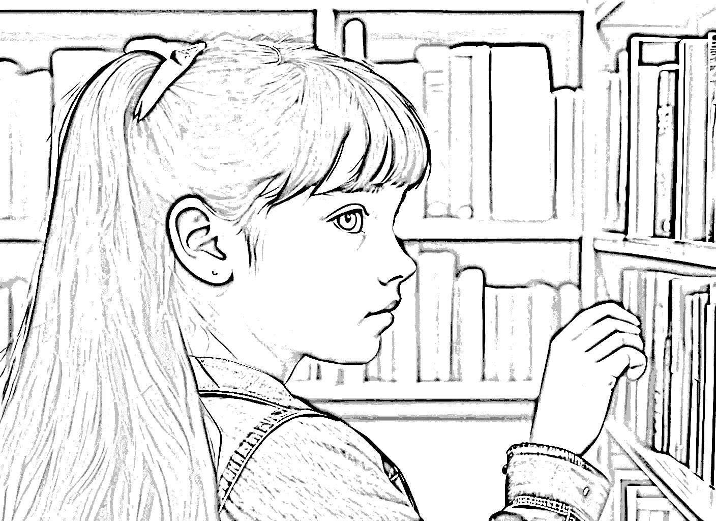 Lúcia Pegando um Livro na Biblioteca dos Mundos